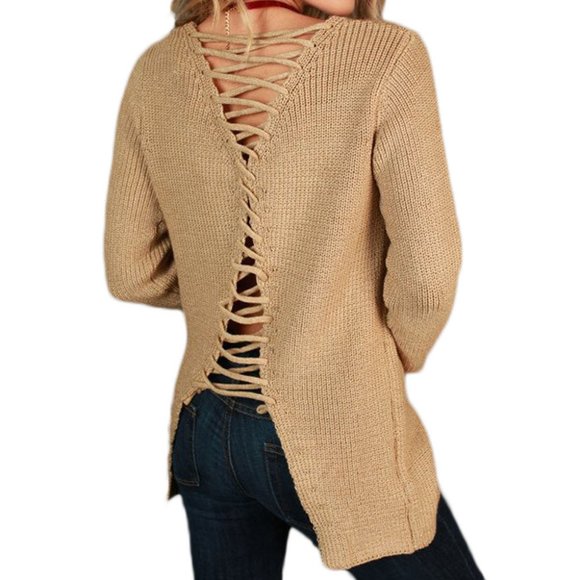 Sweaters - Khaki tan Lace-up back Sweater